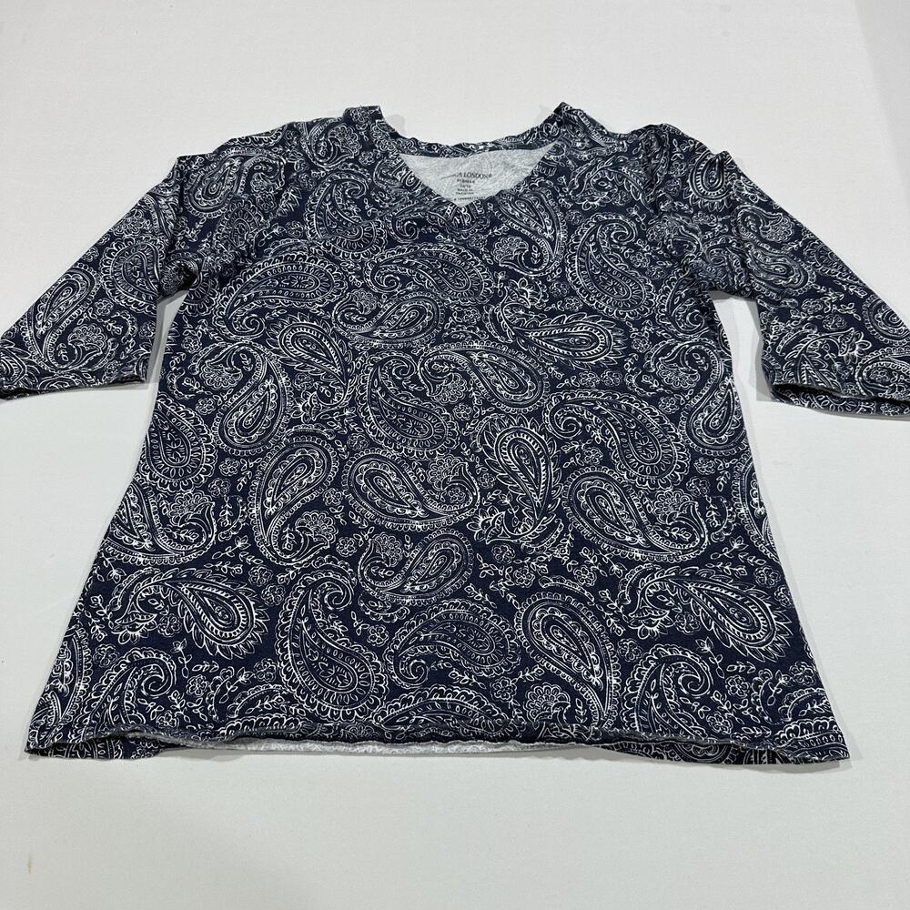 Jessica London Shirt Womens 14/16 Blue Paisley V-Neck Jersey 3/4 Sleeves Boho